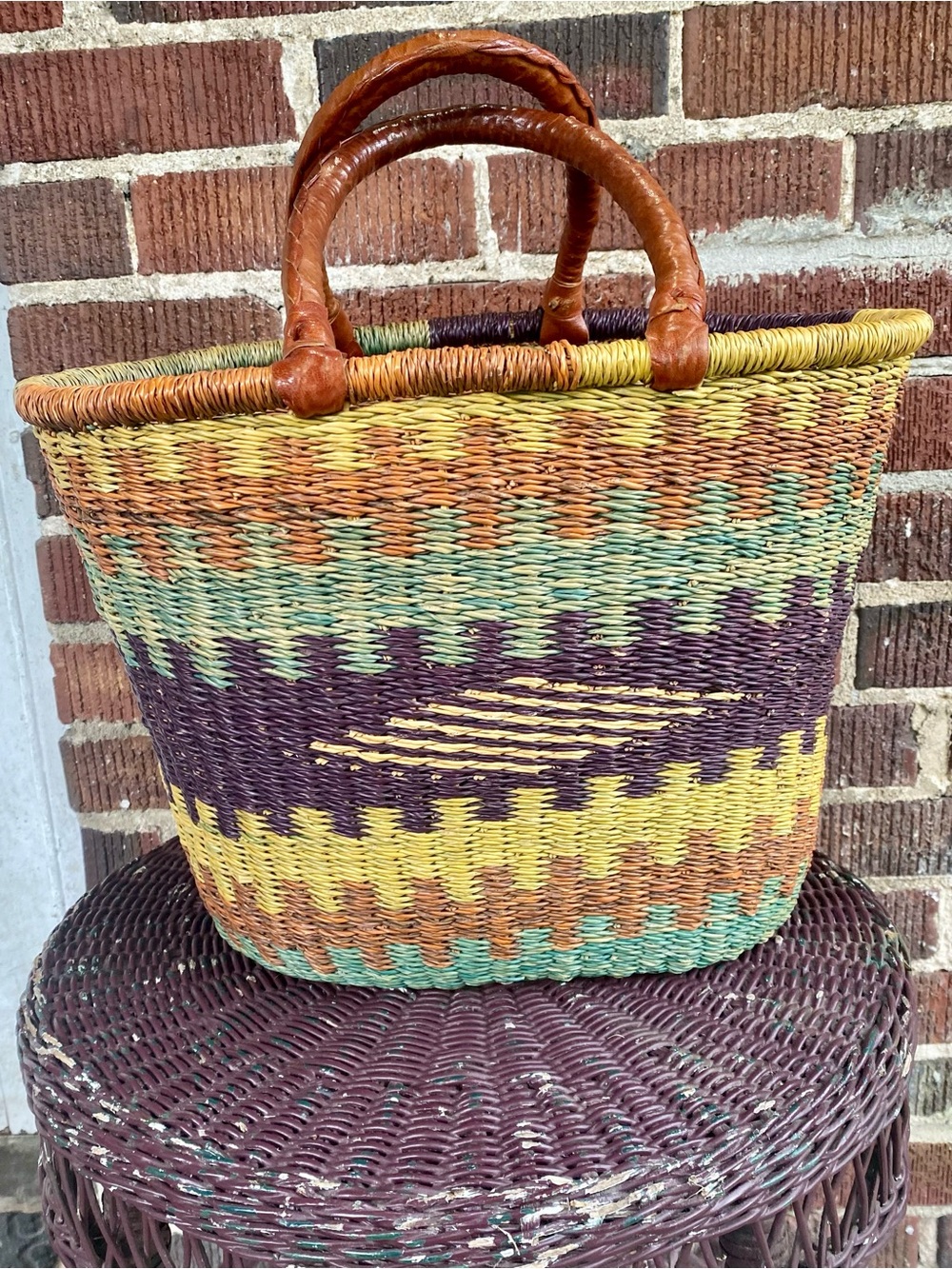 Handmade African Woven Straw Basket with Leather Handles - Blue, Green, Brown - Picture 2 of 5